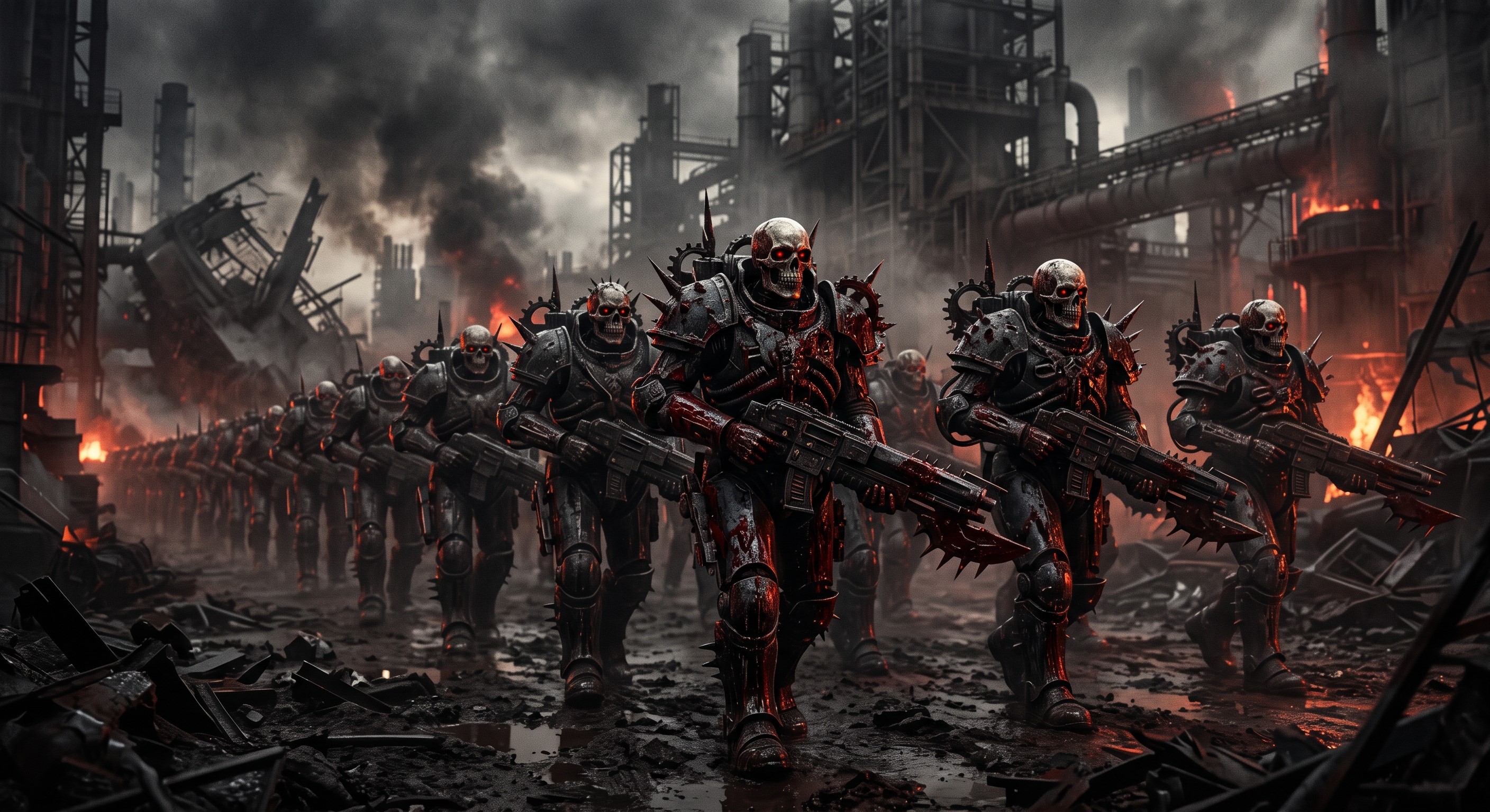 The Army advancing in formation through a collapsing industrial environment