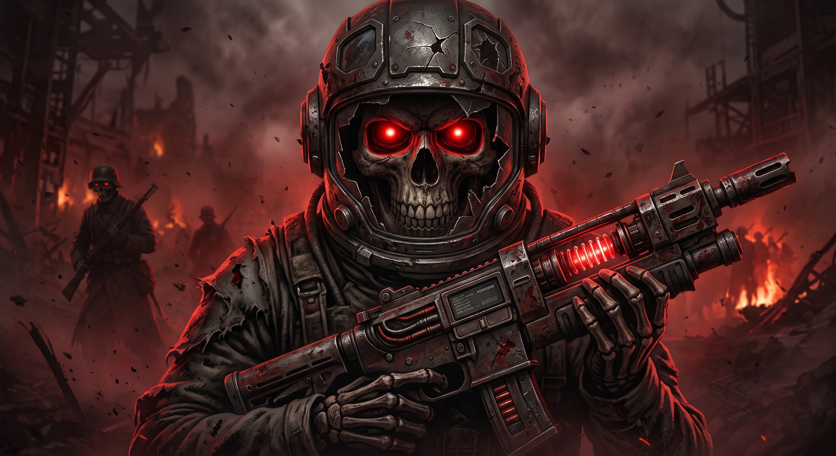 An individual skeletal Army soldier equipped with armor, machinery, and a weapon