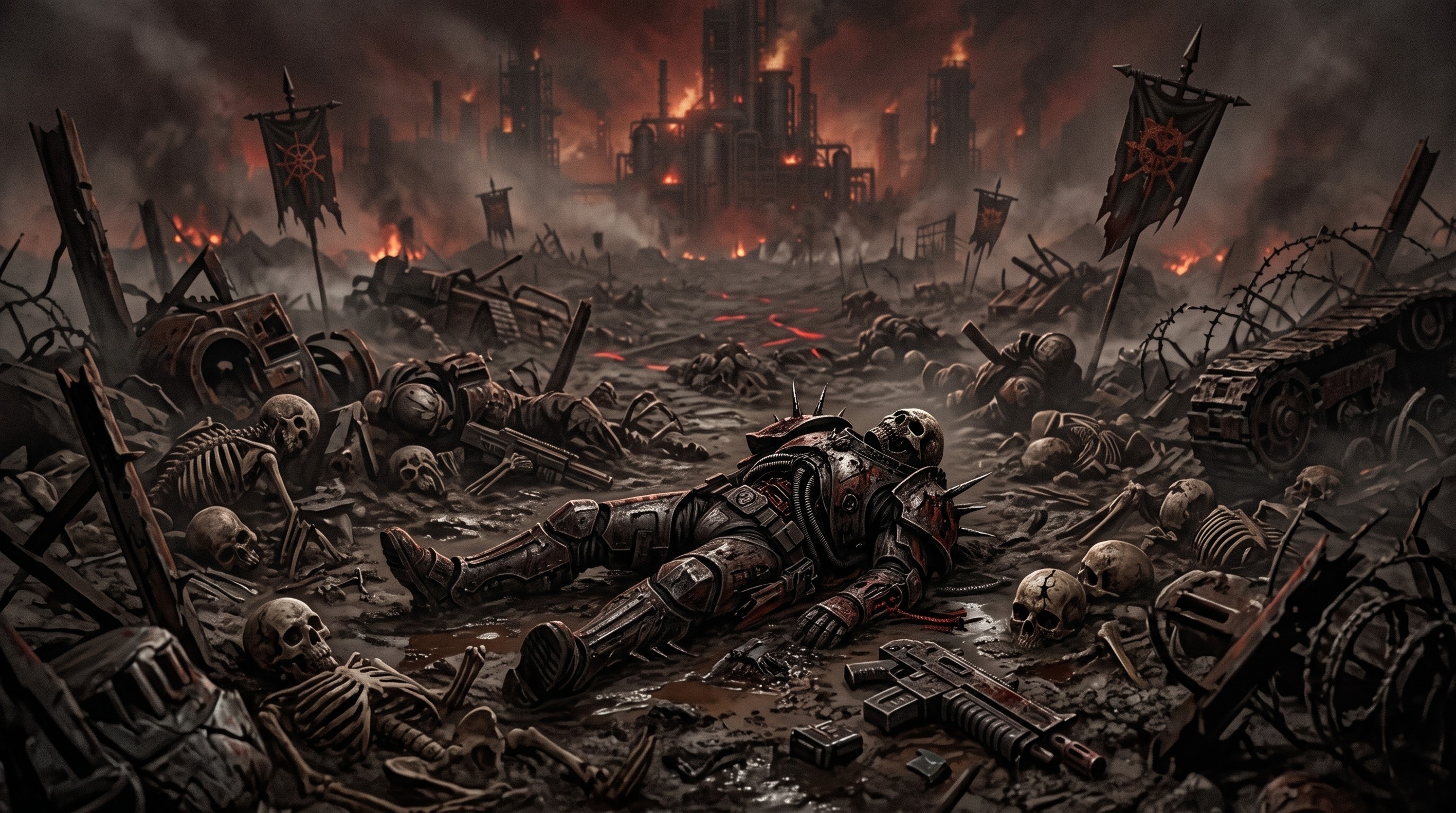 The nameless soldier lying dead on a ruined battlefield
