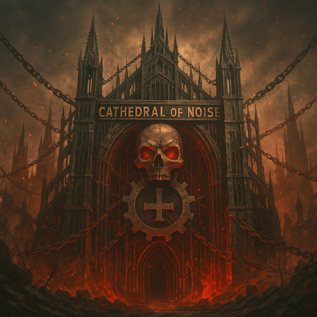 The monumental Gothic and industrial exterior of the Cathedral of Noise