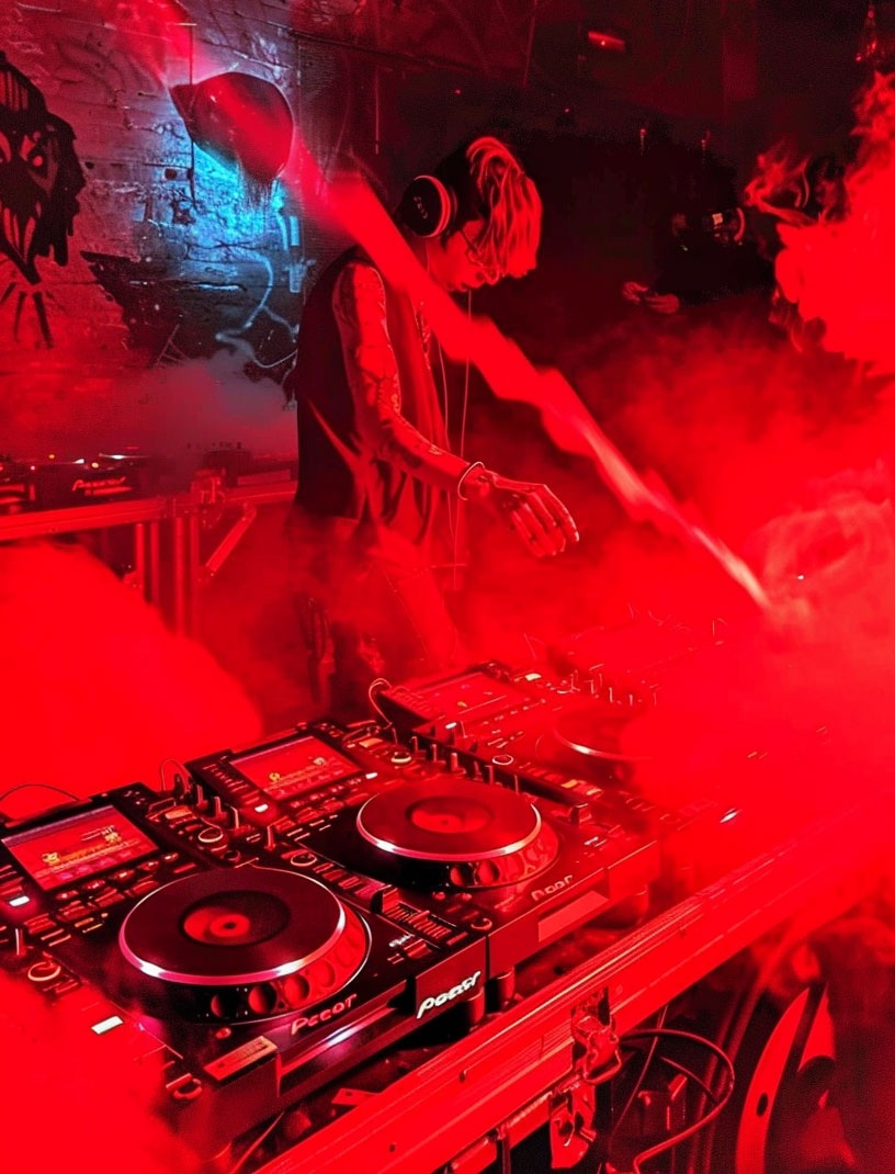 The human DJ performing as a red beam enters the room