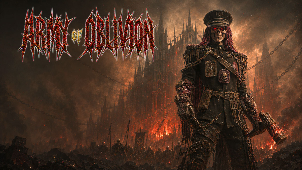 Army of Oblivion wordmark beside Ashvicar, a skeletal military commander, before a burning Gothic fortress