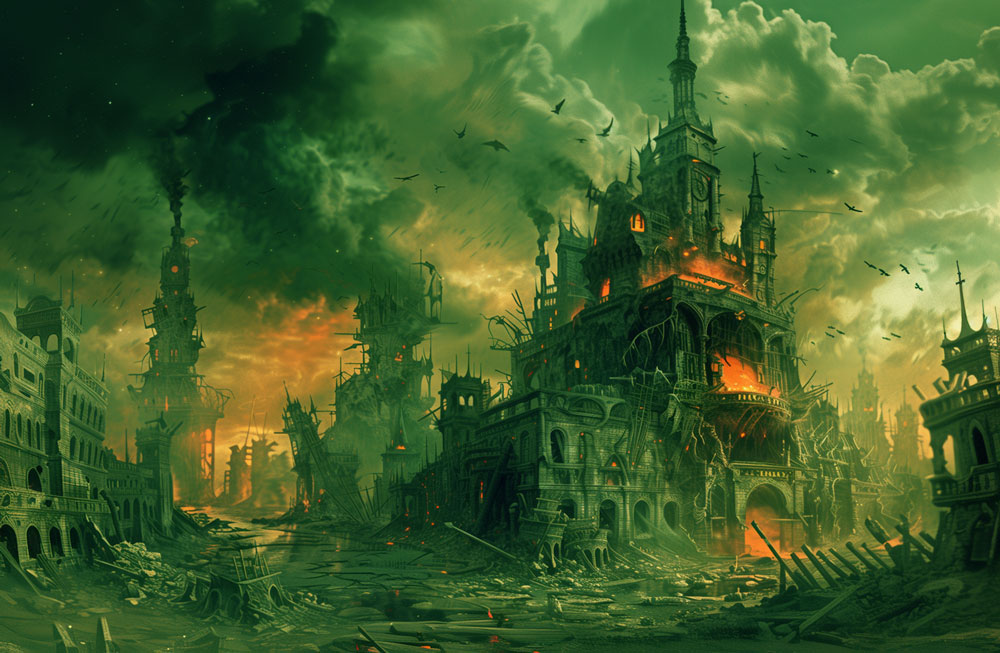 A ruined Gothic cathedral complex beneath a burning sky on Xyphor