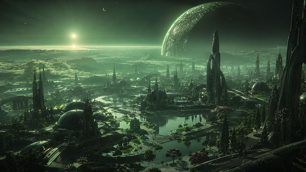 Xyphor before the Army, an immense city beneath a crescent world